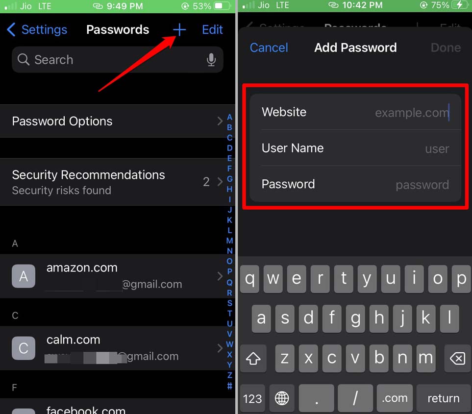 Add iPhone Website Password and Name