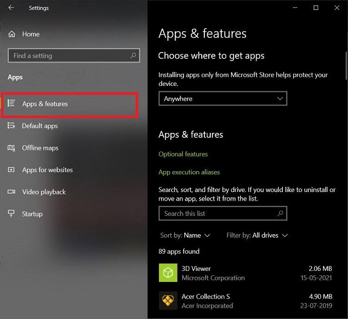 Apps & Features Windows Settings