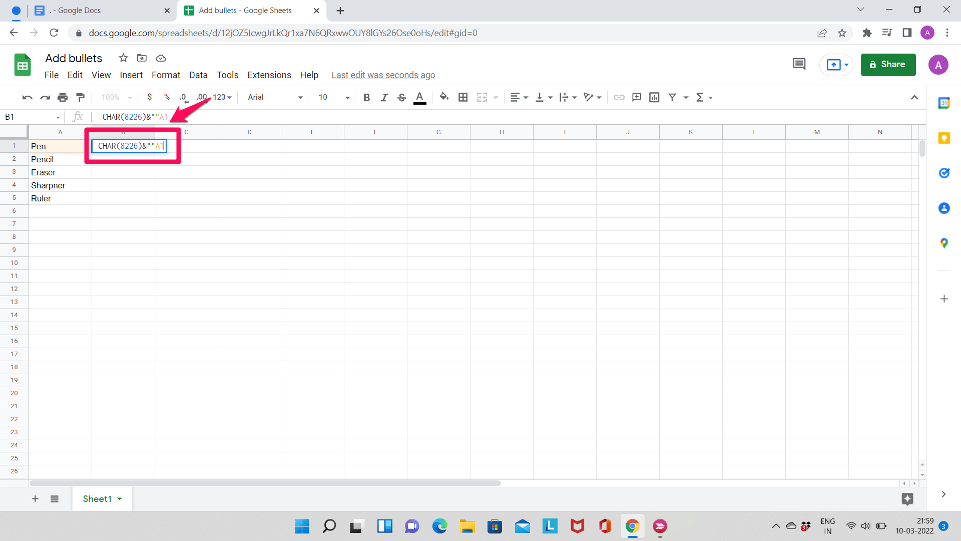 CHAR Google Sheets Bullets