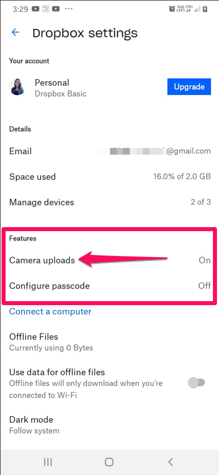 Camera Upload Dropbox Settings