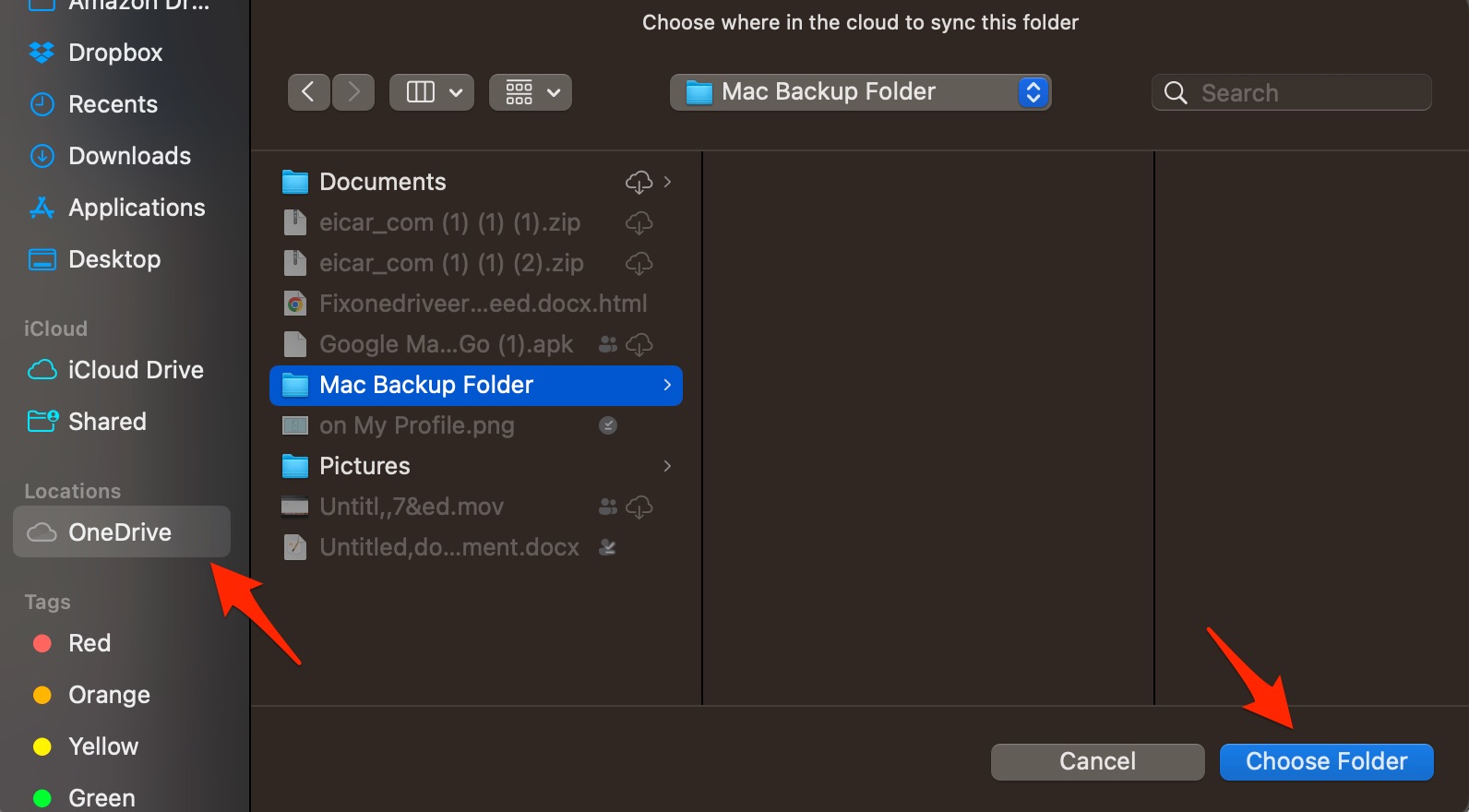 Choose OneDrive Folder where you want to Backup Mac