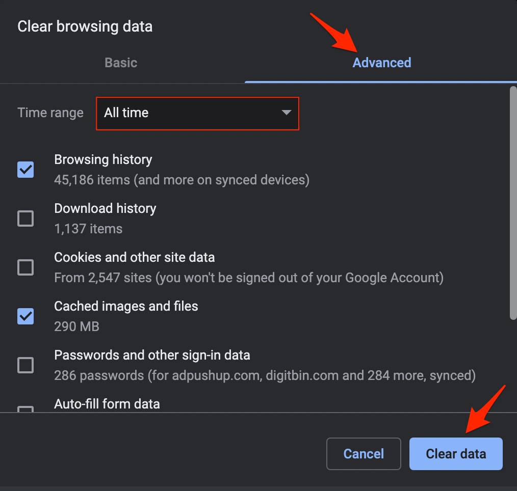 Clear Data Advanced Browsing Data