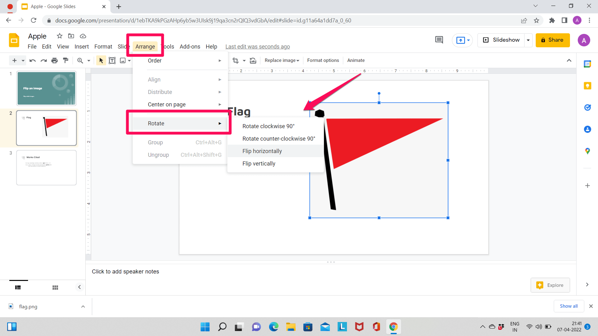 Click on the 'Arrange' tab located at the top. From the menu that appears click on 'Rotate