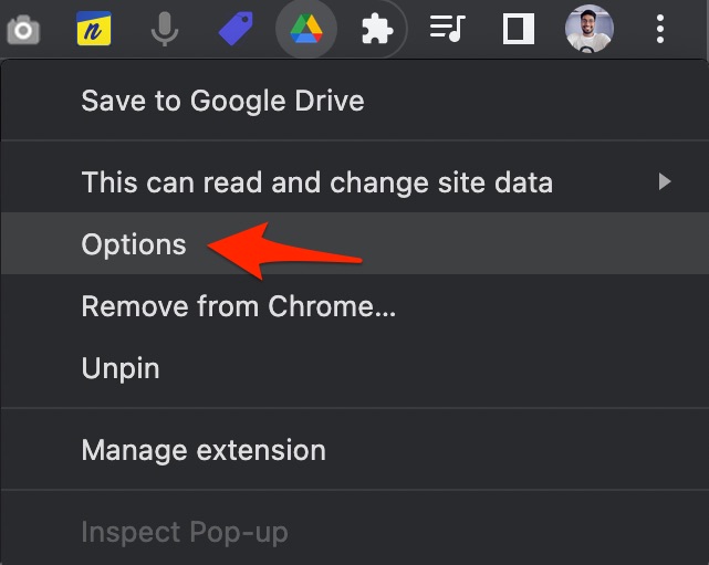 Click on Options Google Drive