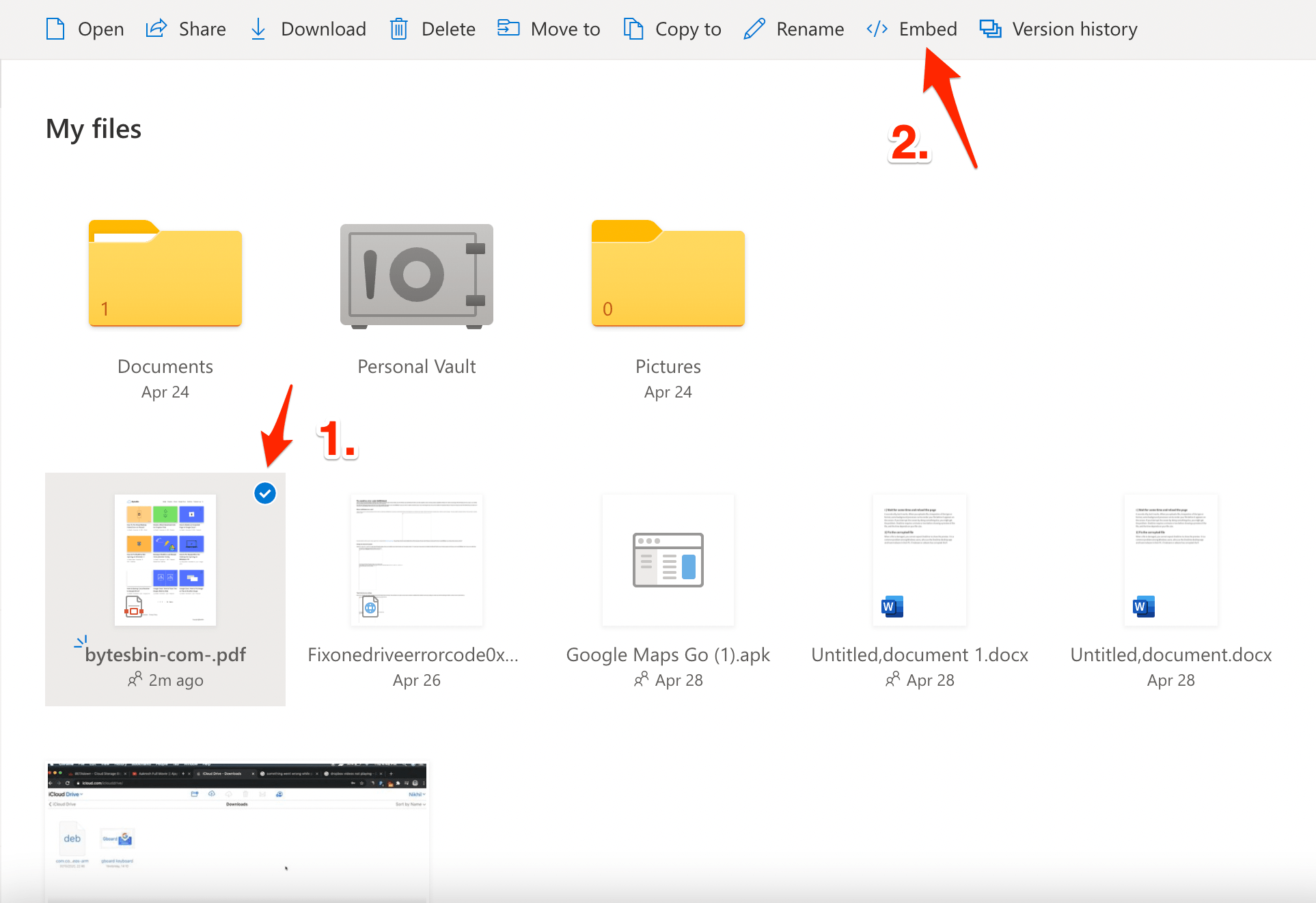 Click on the Embed button for the selected file