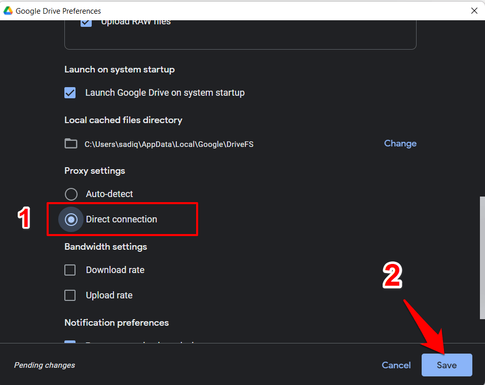 Direct Connection Google Drive for Desktop Settings