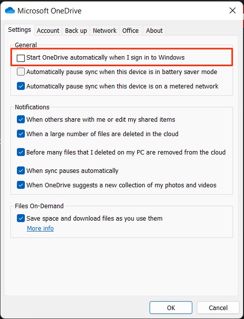 Disable Start OneDrive Automatically when I sign in to Windows