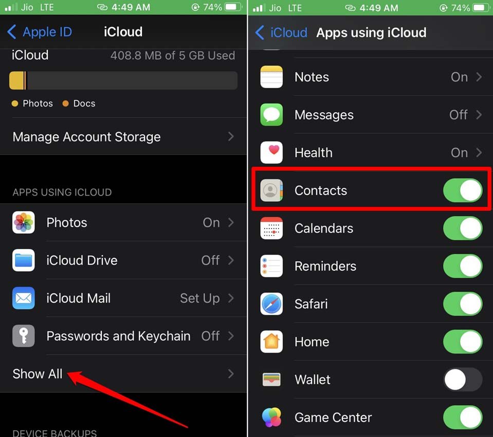 Enable iCloud for Contacts