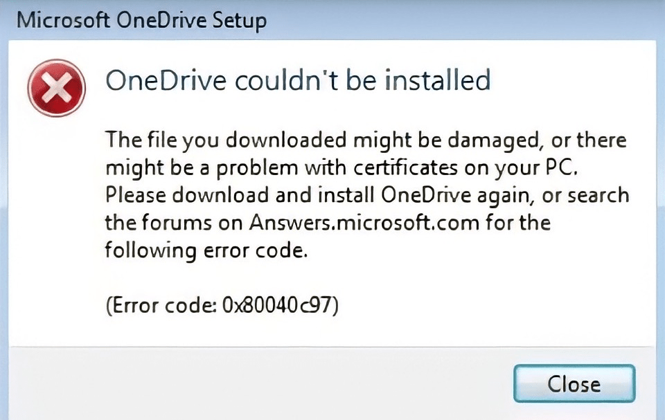 Error Code 0x80040c9, OneDrive couldn't be installed
