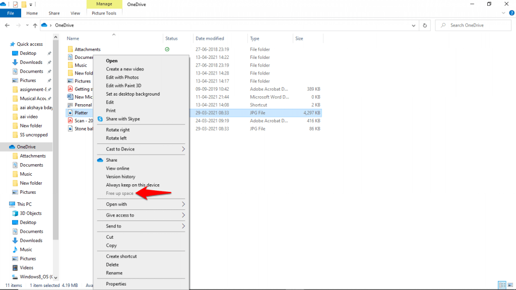 onedrive free up space