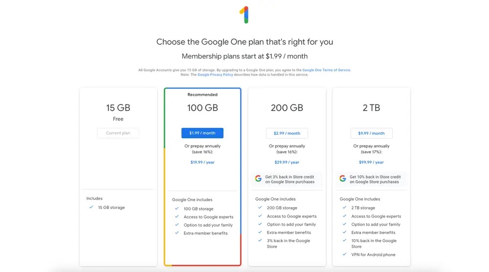 Google One Plans