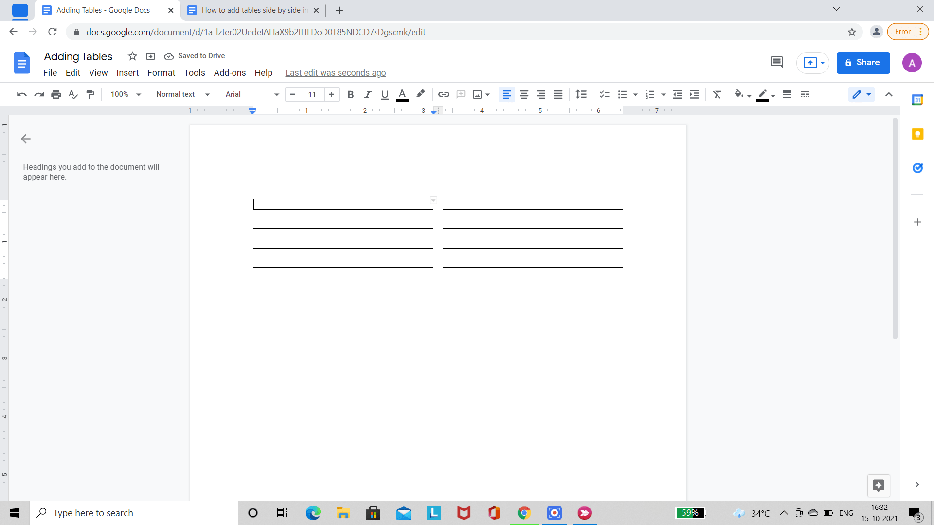 How to add tables side by side in Google Docs