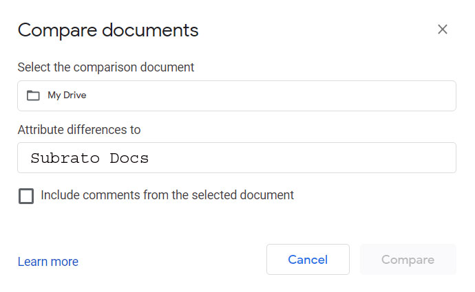 In the Tools menu, click Comparing documents