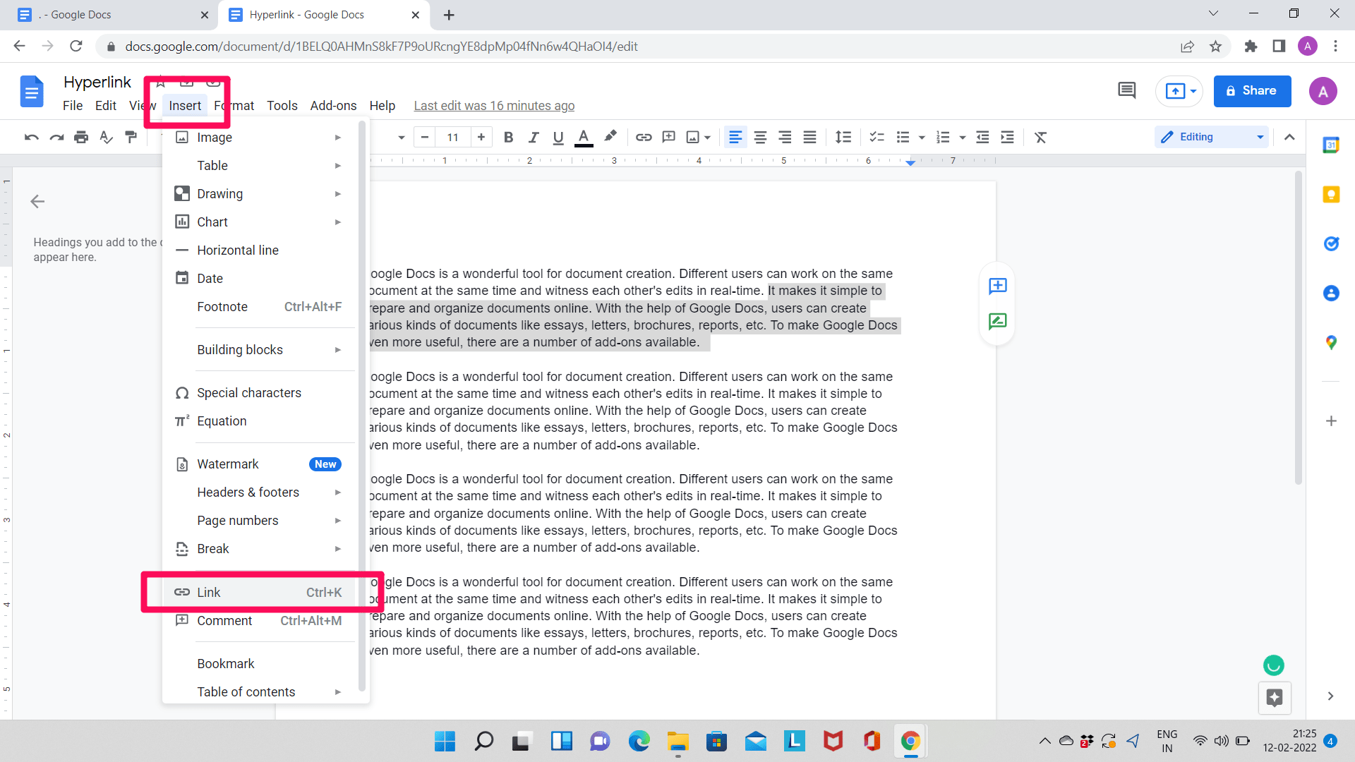 insert link in google document