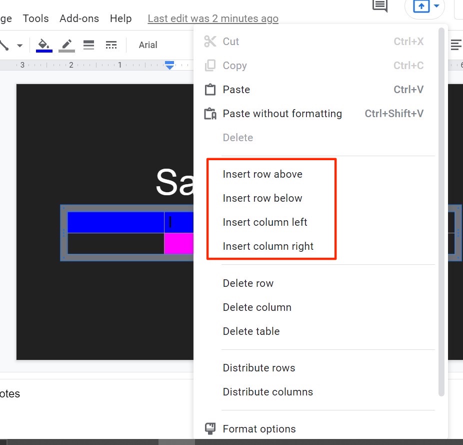 Insert a New Row or Column in the Existing Google Slides