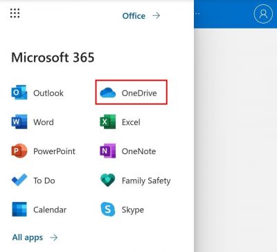 Now select Onedrive from the list of services