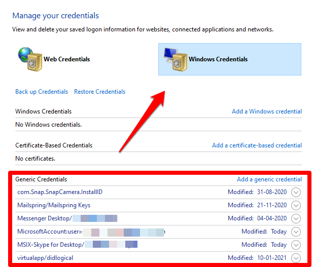 Now, switch to the 'Windows Credentials', and under the 'Generic Credentials', search for 'MicrosoftOffice16_Data…etc'