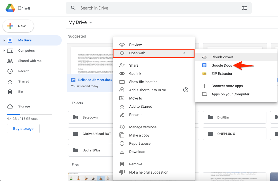 Open docx with Google Docs