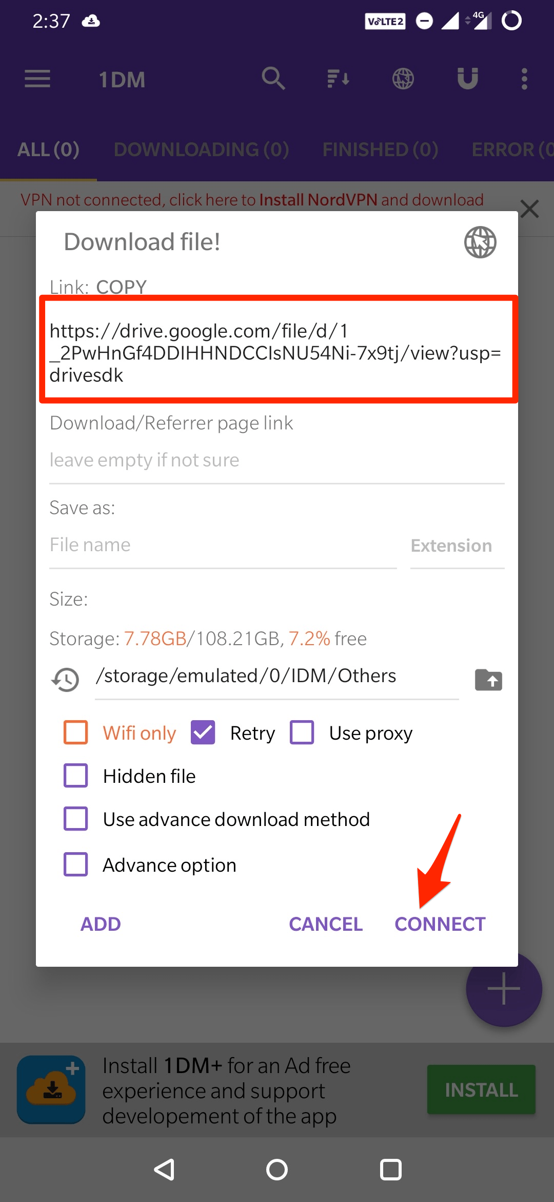Paste the Sharing URL and Click Connect