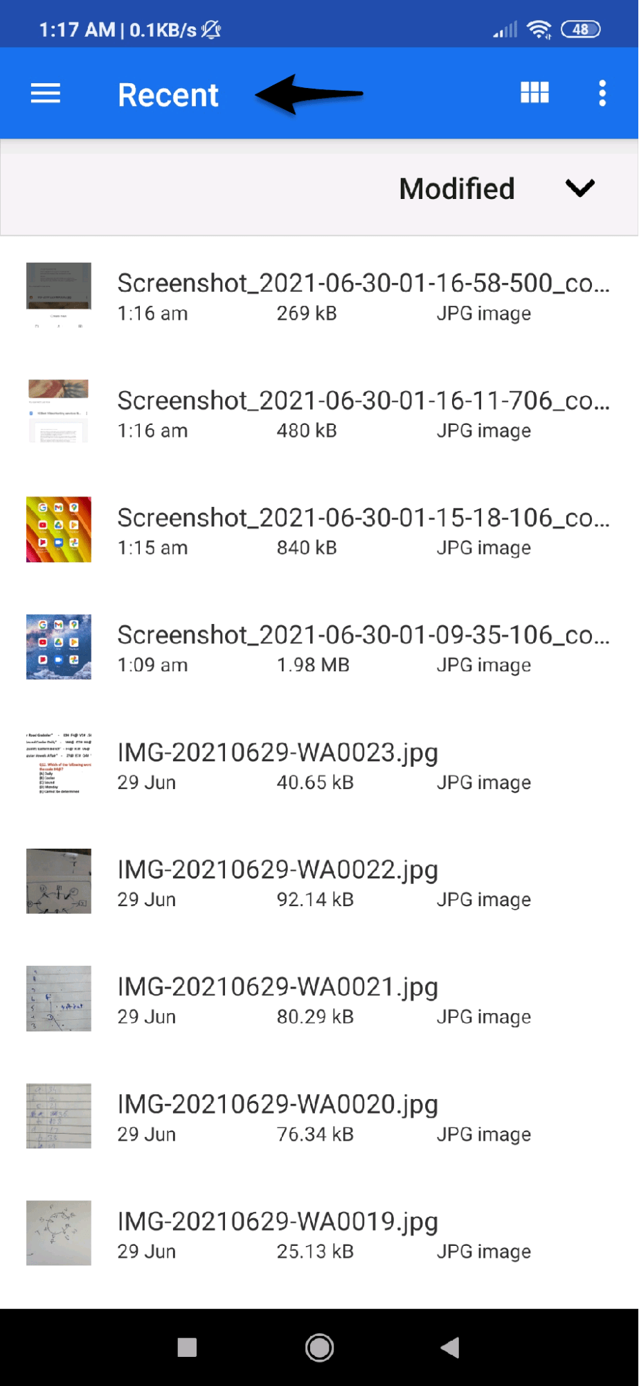 Recent in File Manager