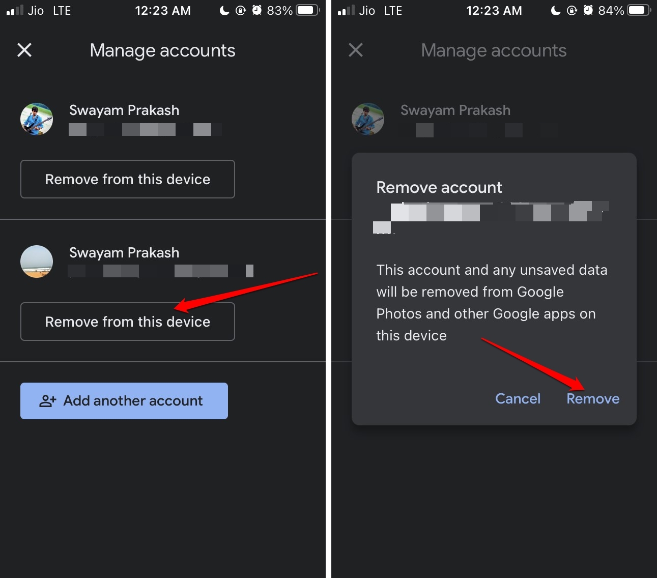 Remove Google Account from Photos App