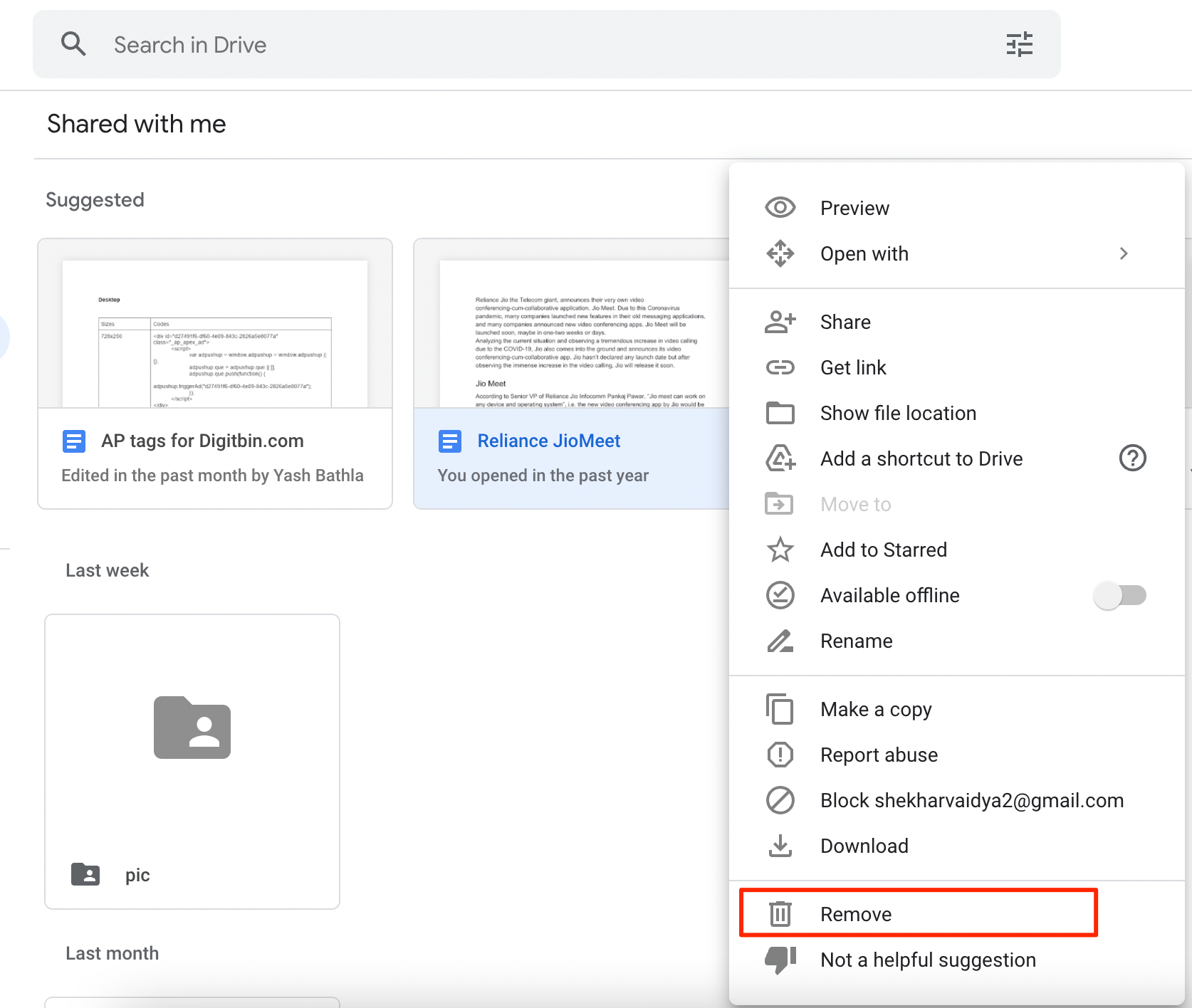 Remove file from Shared tab google drive