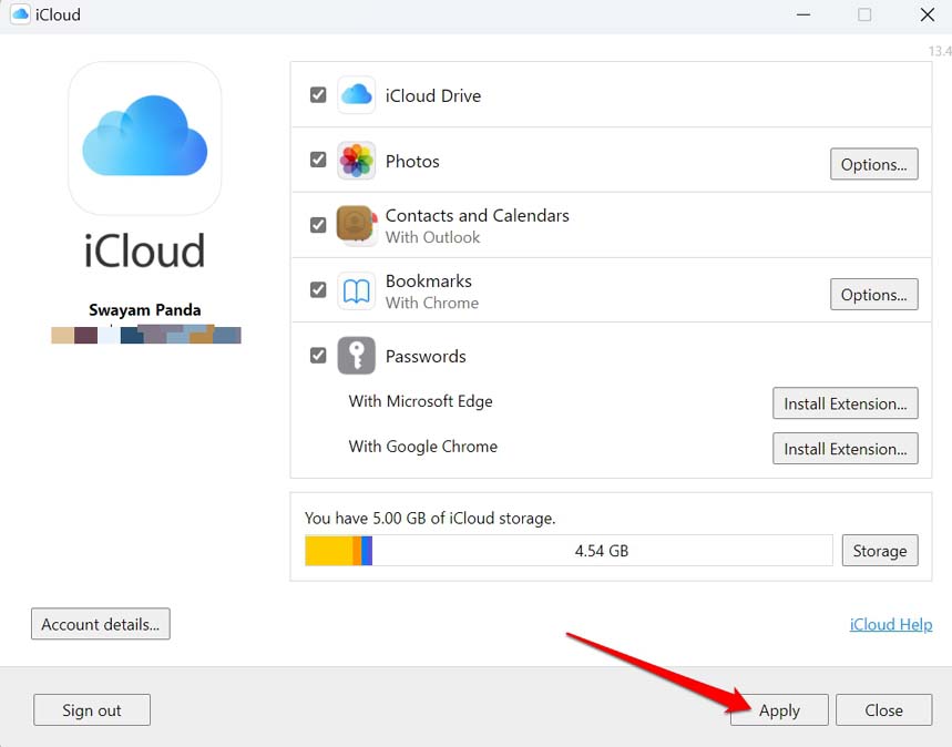 Select All Options in iCloud PC and Apply