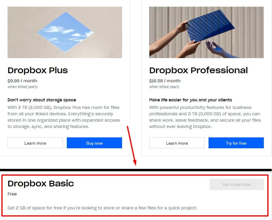 Select Dropbox Basic Plan