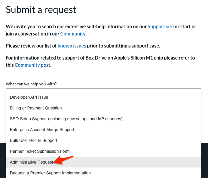 Select Administrative Request in the Box Support