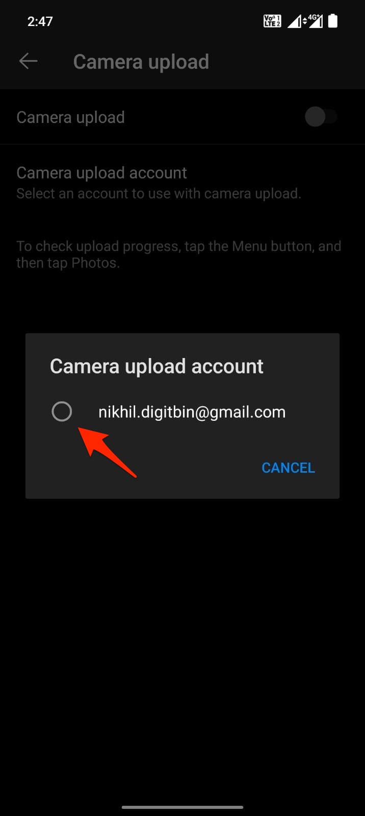 Select Camera Upload OneDrive Account