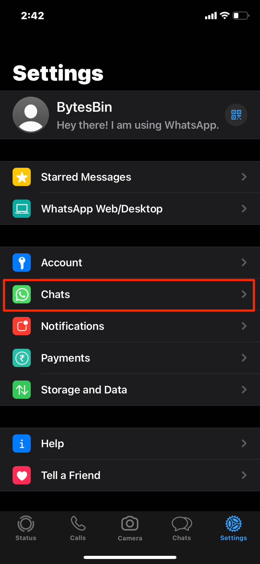 Select Chats Settings Option