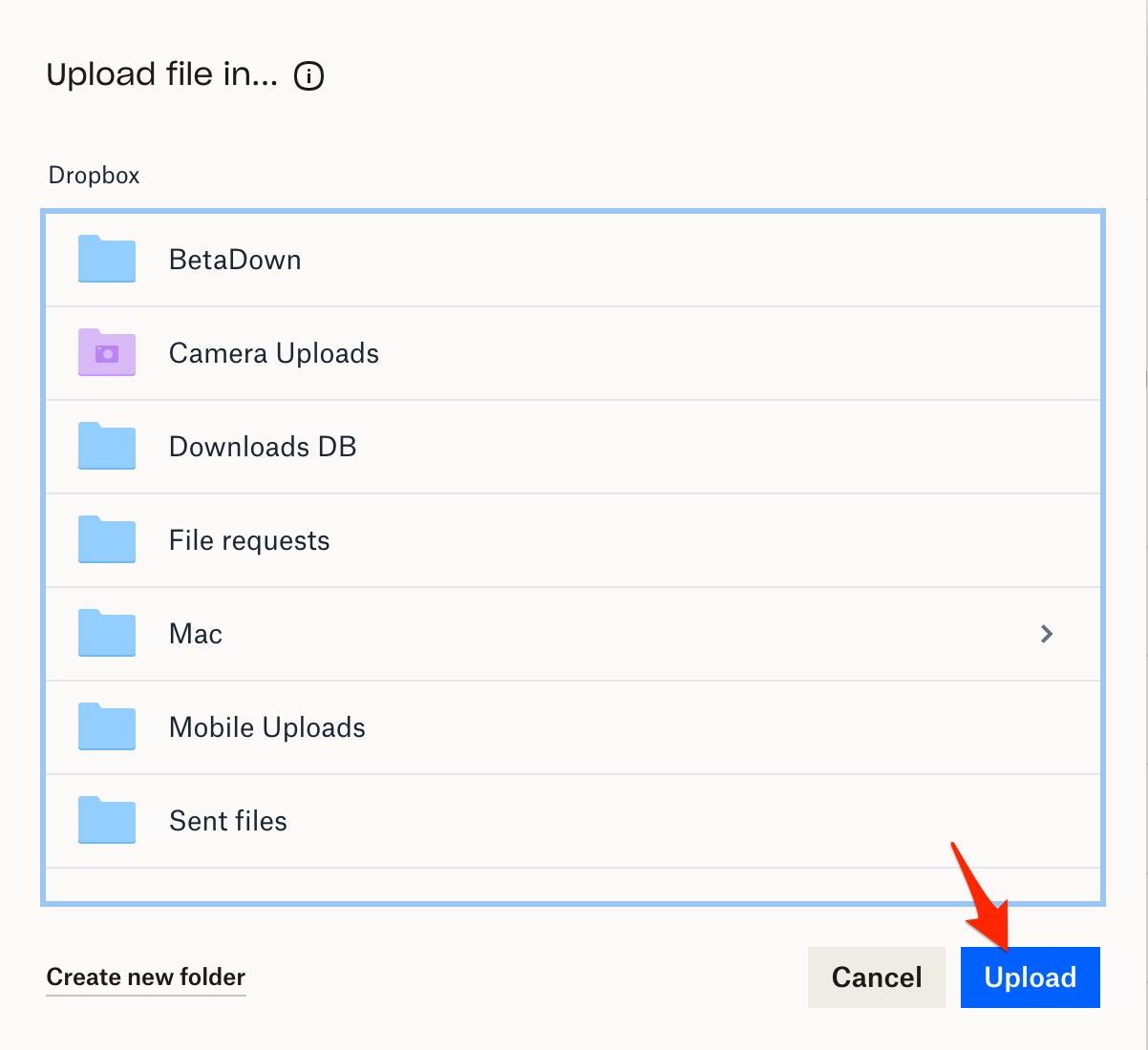 Select Dropbox Folder to Upload