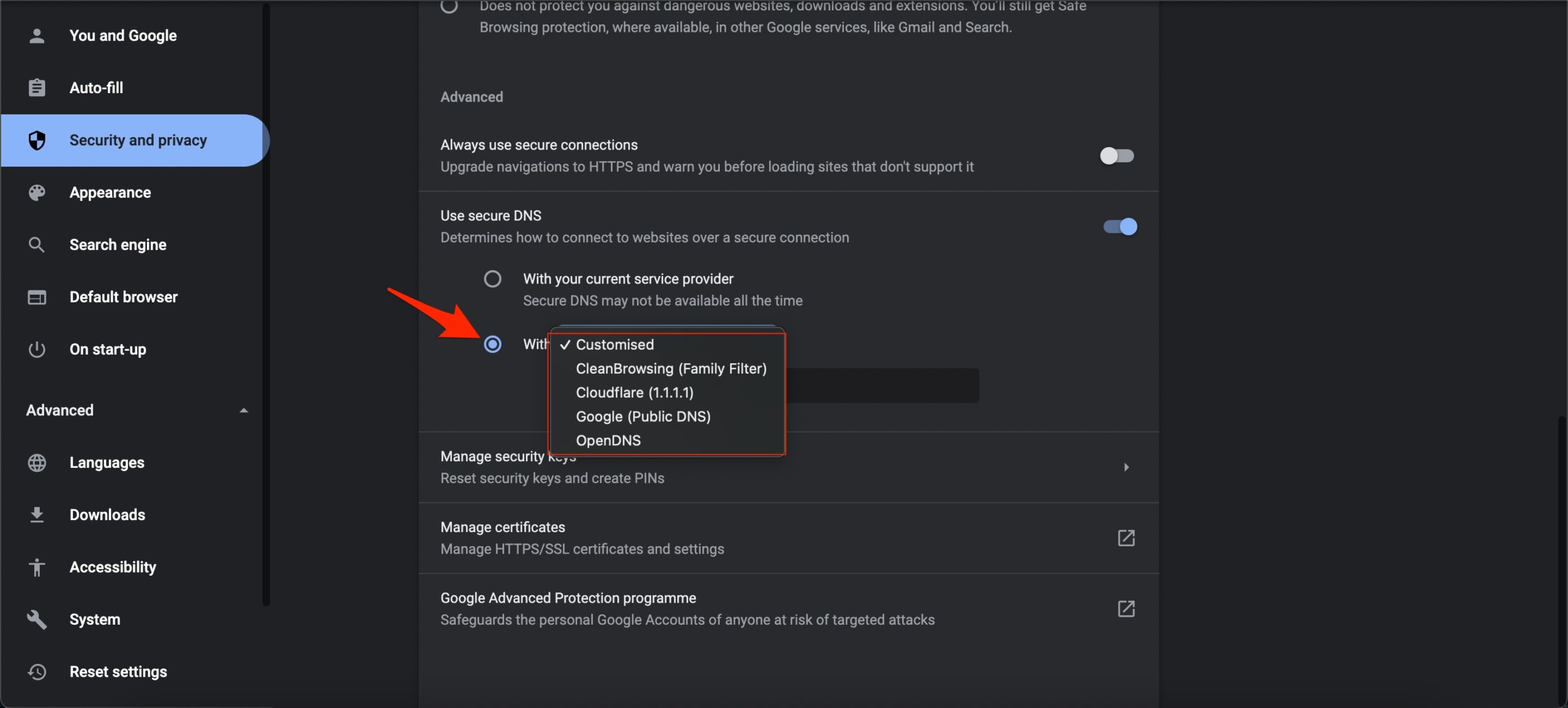 Select customized DNS