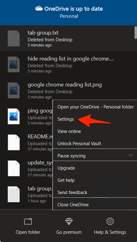 Settings OneDrive Windows