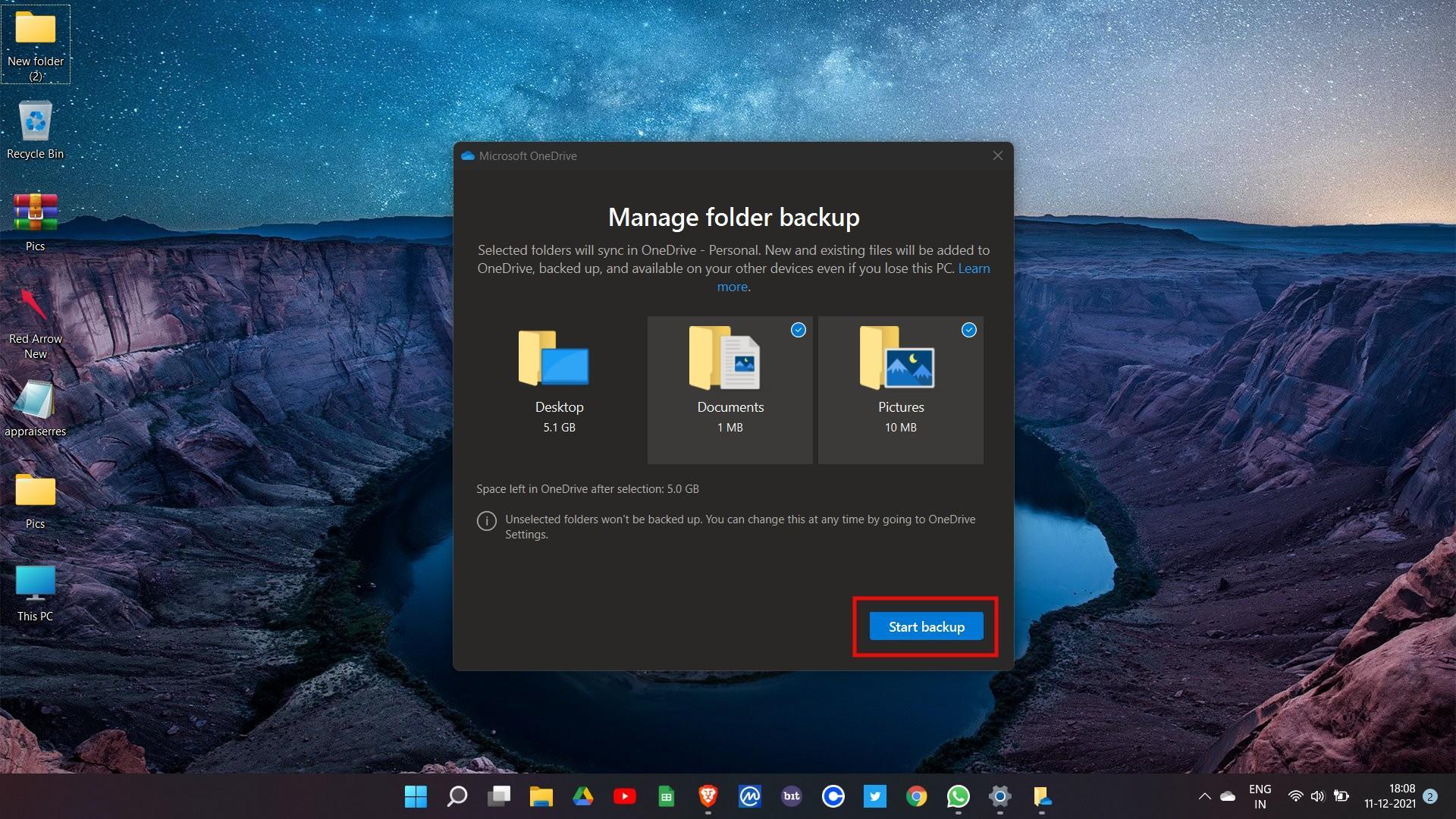 Start backup Windows 11 to OneDrive