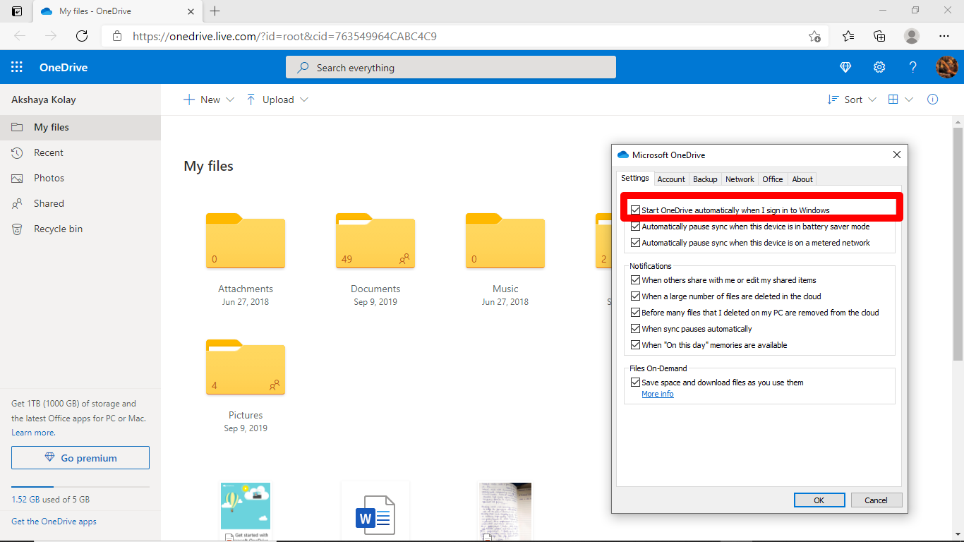 Strat OneDrive in Windows