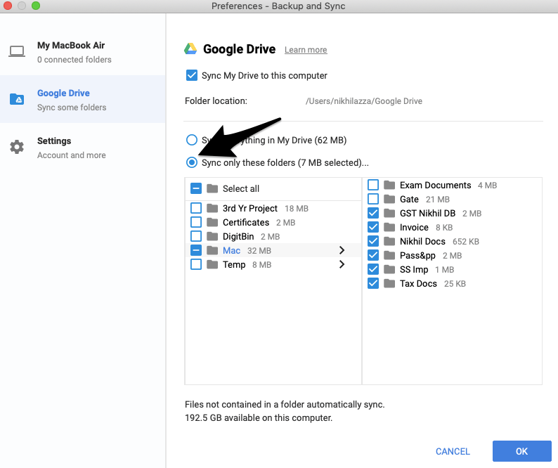 sync options for google drive and mac