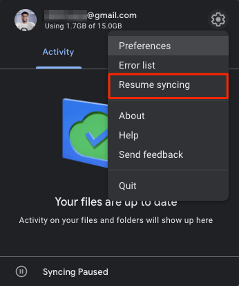 Syncing is enabled in Drive for Desktop App
