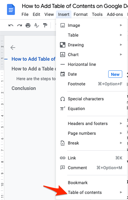 TOC from Insert Option