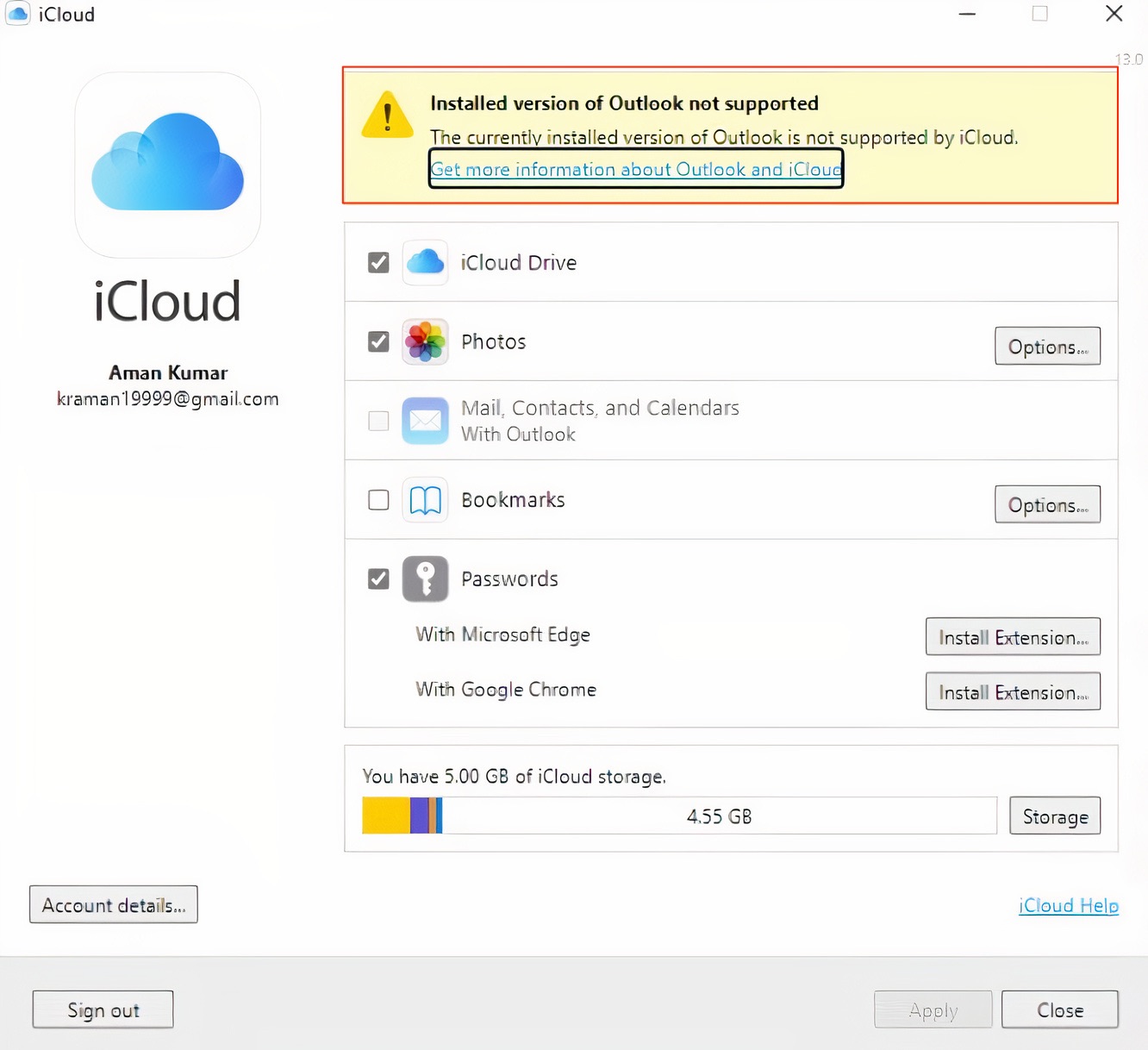 The currently installed version of Outlook is not supported by iCloud