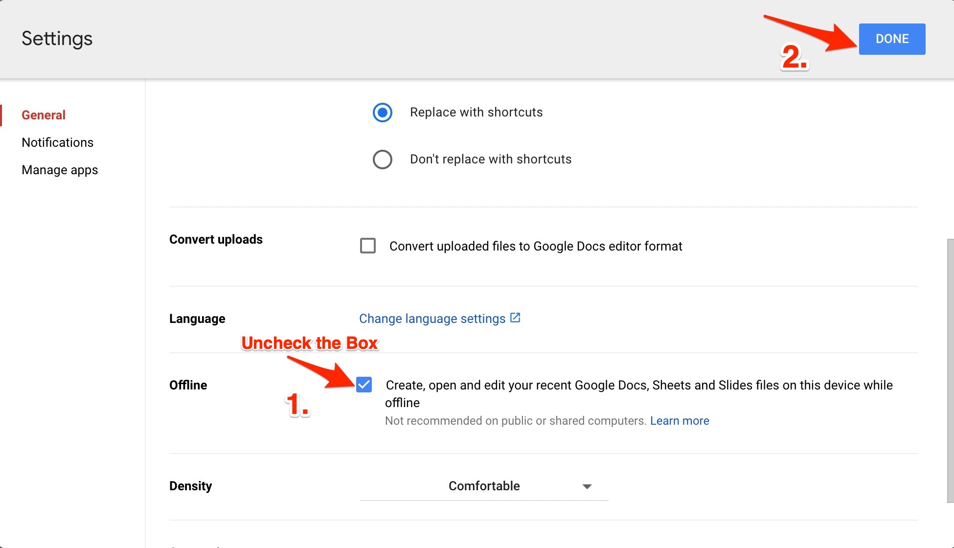 Uncheck the Box Google Drive