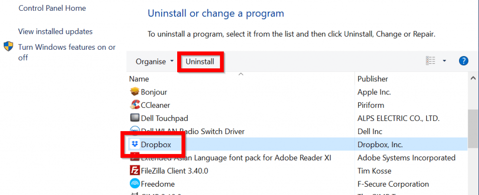 Uninstall Dropbox CPL