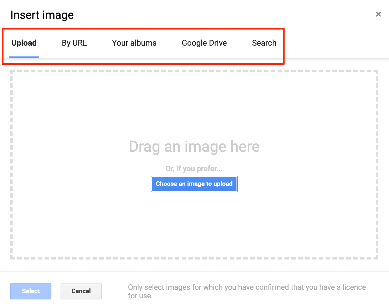 Upload the photo from the available options