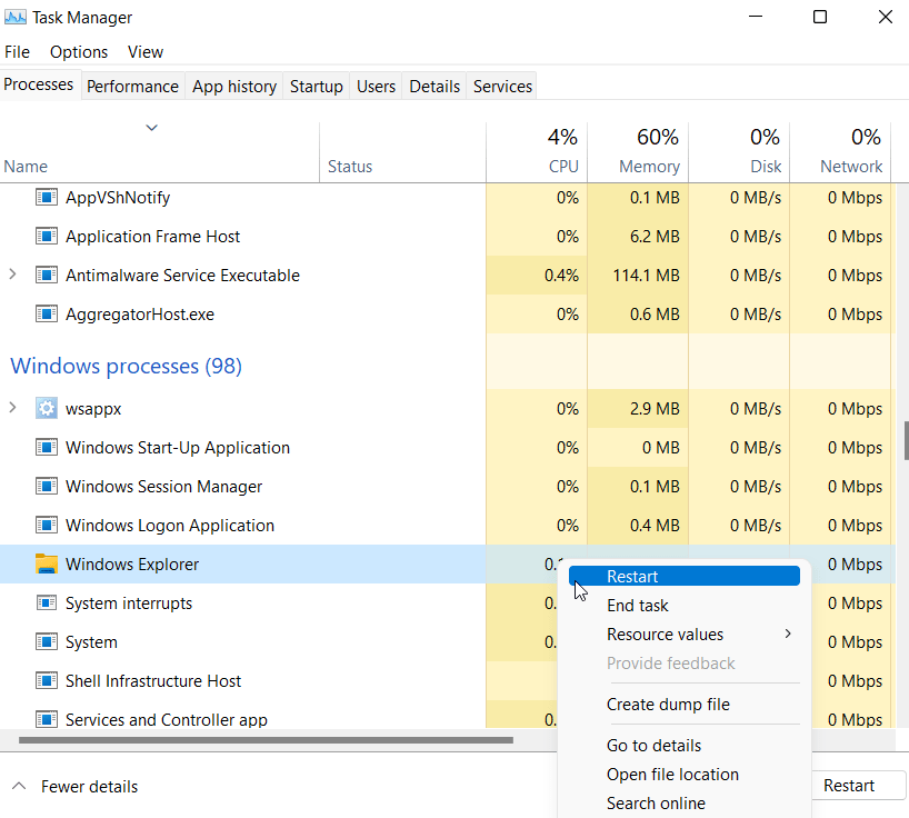 Windows explorer task manager