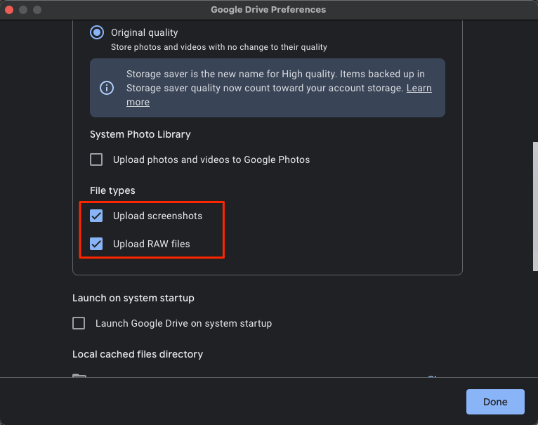 You are also offered the option to upload system screenshots or RAW files to G-Photos