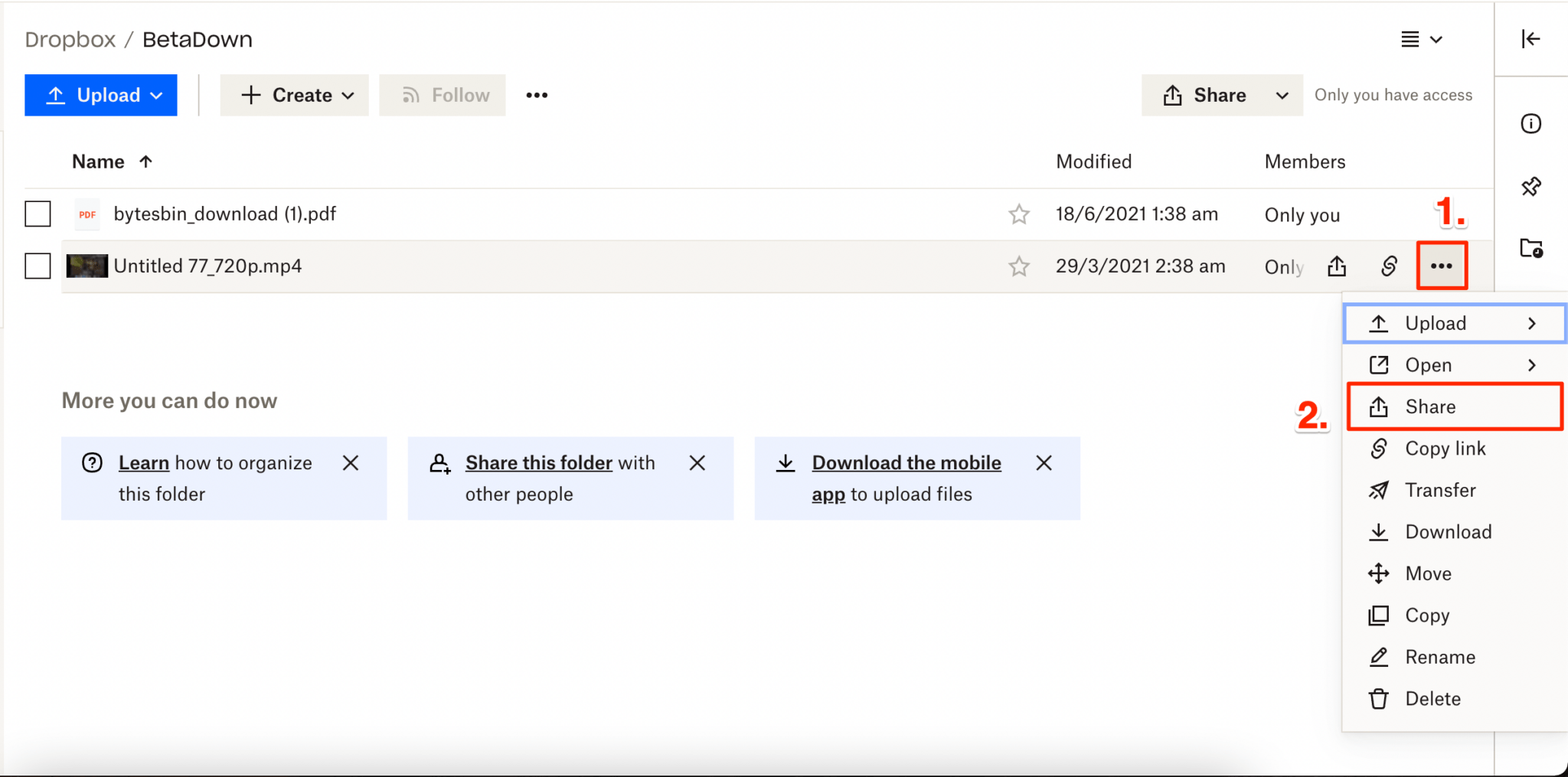 how to create dropbox link for someone to upload files
