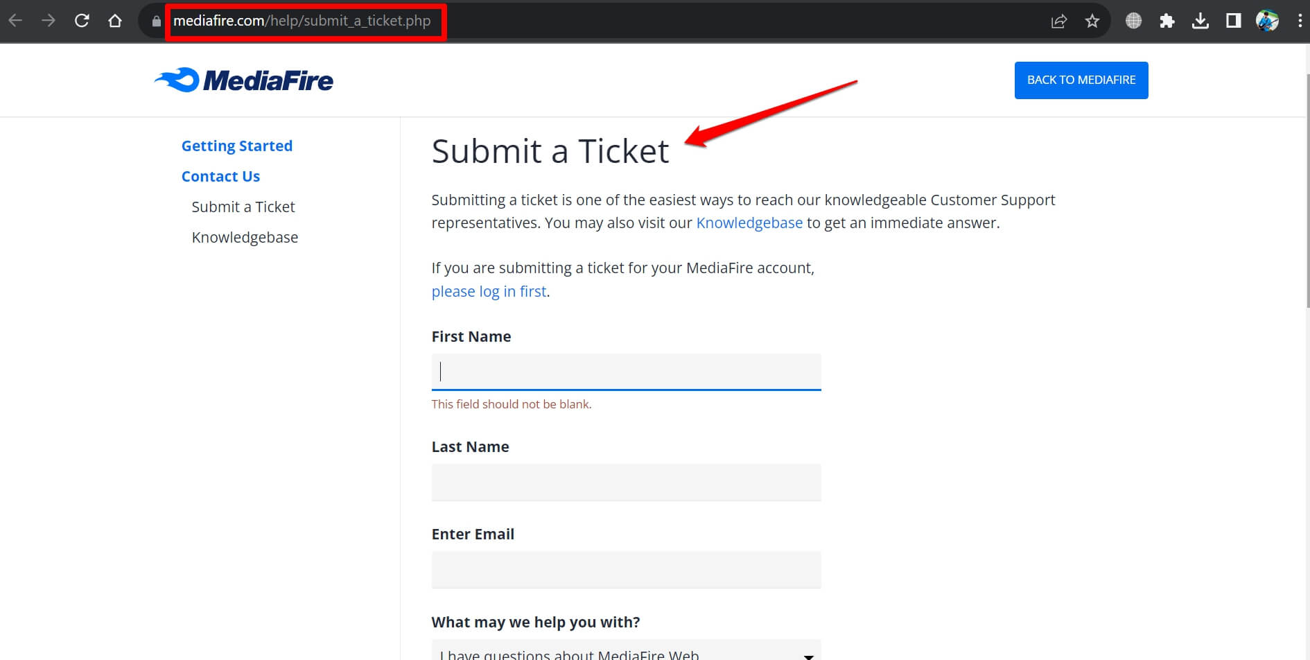 how to submit a ticket on MediaFire