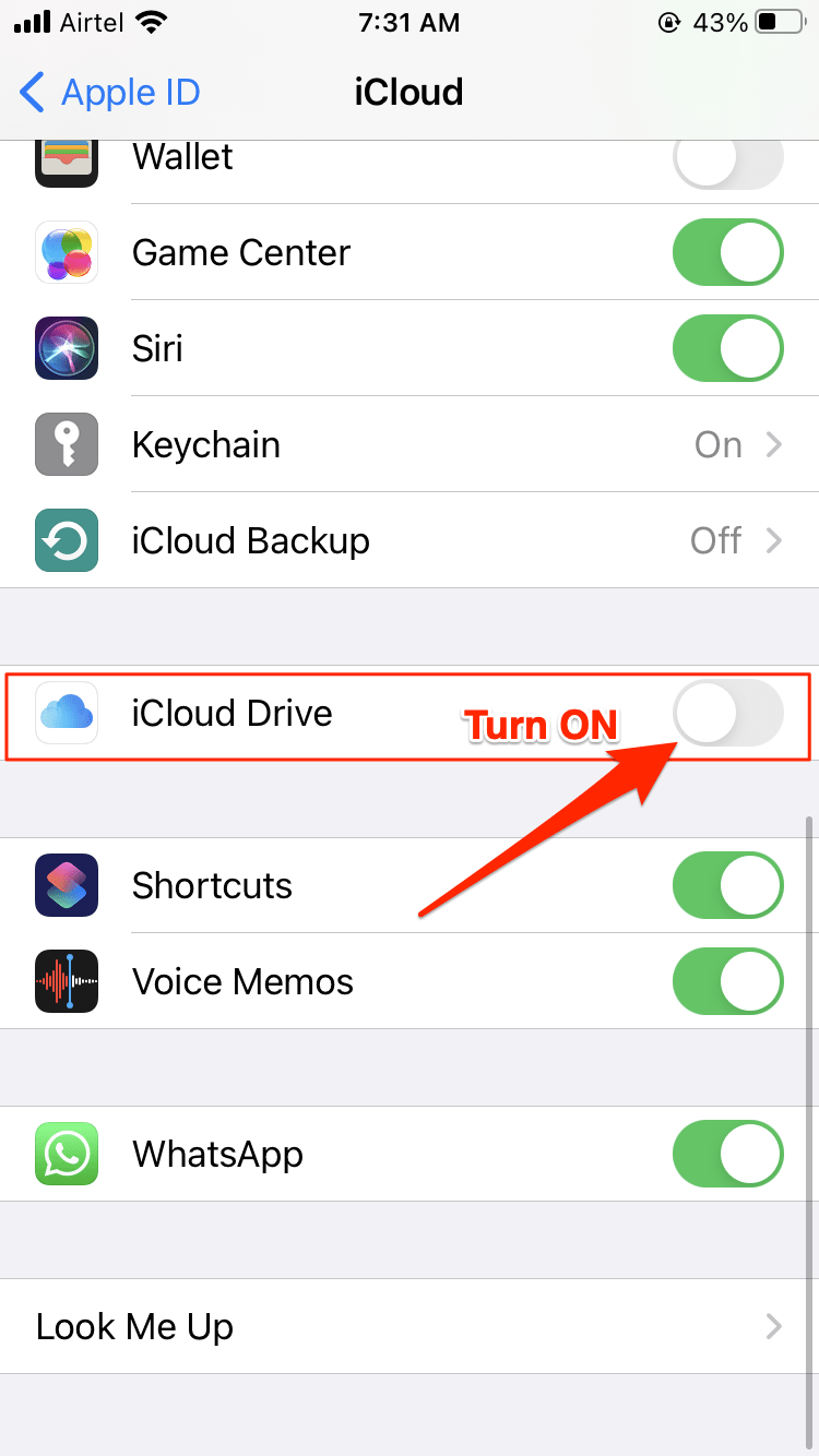 iCloud Drive Turn ON
