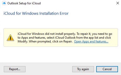 cannot use icloud with outlook 2016