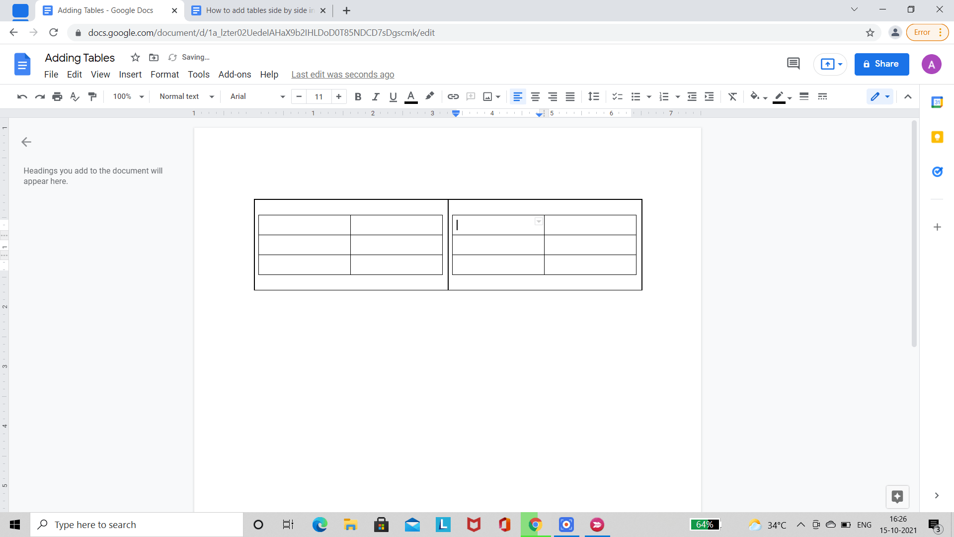 insert a table in both the columns of the original table